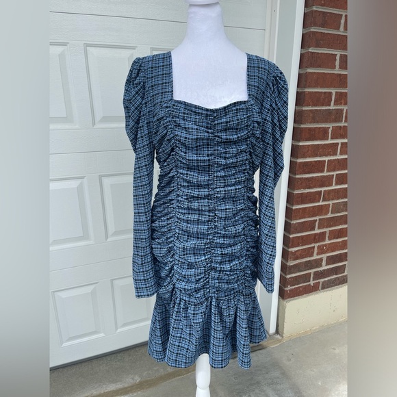 GANNI Ruched checked stretch-seersucker mini dress, Size 42 - Picture 1 of 16